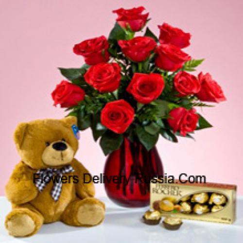 11 Rosas rojas con peluche de 12 pulgadas y Ferrero Rochers