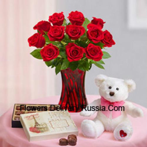 11 Hermosas Rosas Rojas con Peluche y Chocolates