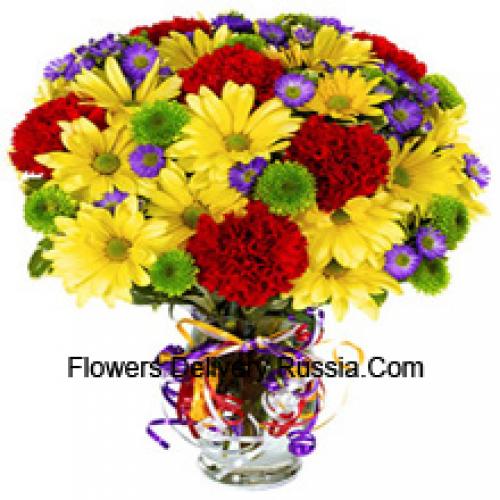 25 Red Carnations and Yellow Gerberas