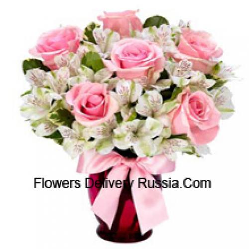 Beautiful Pink Roses and White Alstroemeria