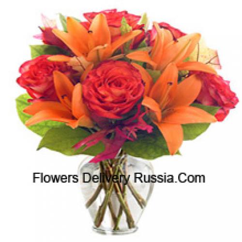 Orange Lilies and Orange Roses in Vase