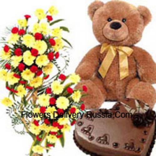 Alto 3 pies Flores surtidas con pastel y oso de peluche