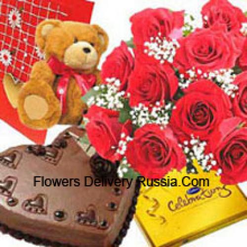 Roses met taart, teddybeer en chocolade