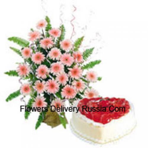 25 Roze Gerbera's met 1 Kg Vanille Cake