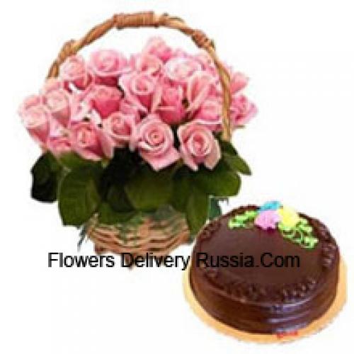 25 Roze Rozen met Chocolade Truffel Cake