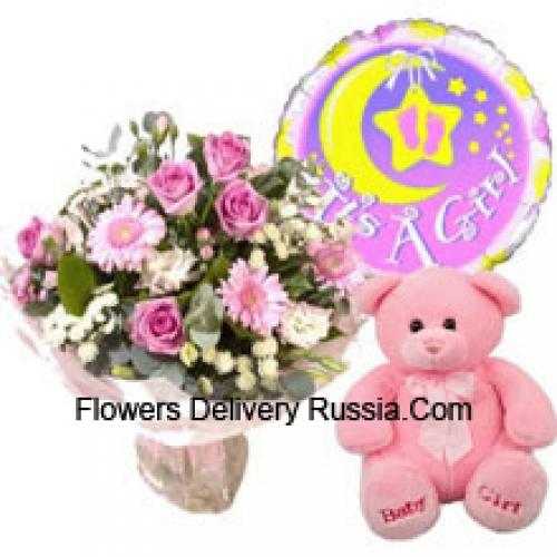 Roze Assortiment Bloemen met Ballon en Knuffel