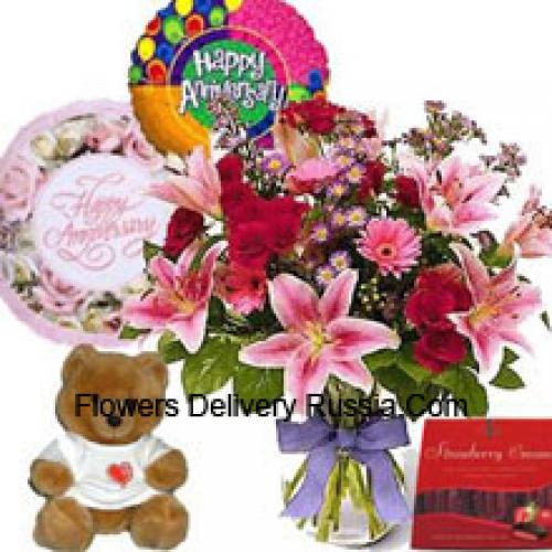 Assortiment Bloemen met Schattige Knuffelbeer en Geïmporteerde Chocolaatjes