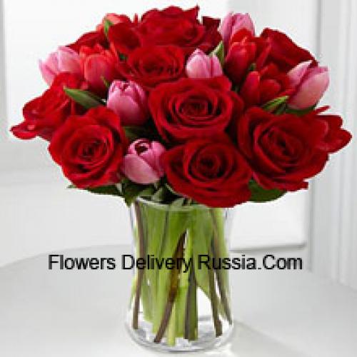 11 Roses and 6 Cute Tulips in Vase