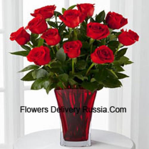 11 Hot Red Roses in Vase