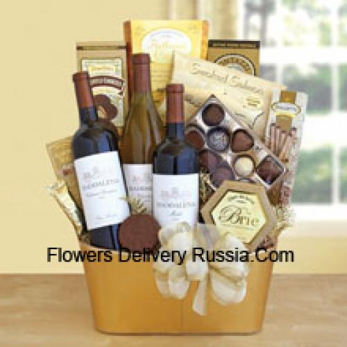 Basket Containing 3 Wines and Snacks