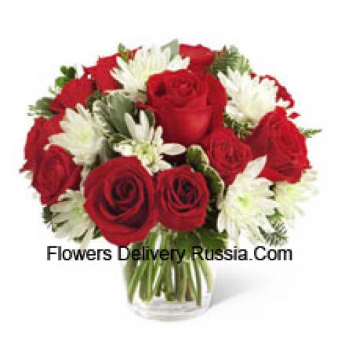 Red Roses and Cute chrysanthemums in Vase