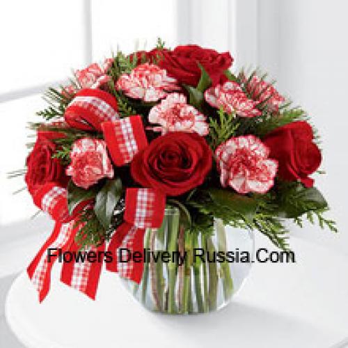 Roses and Carnations with Greens in Vase